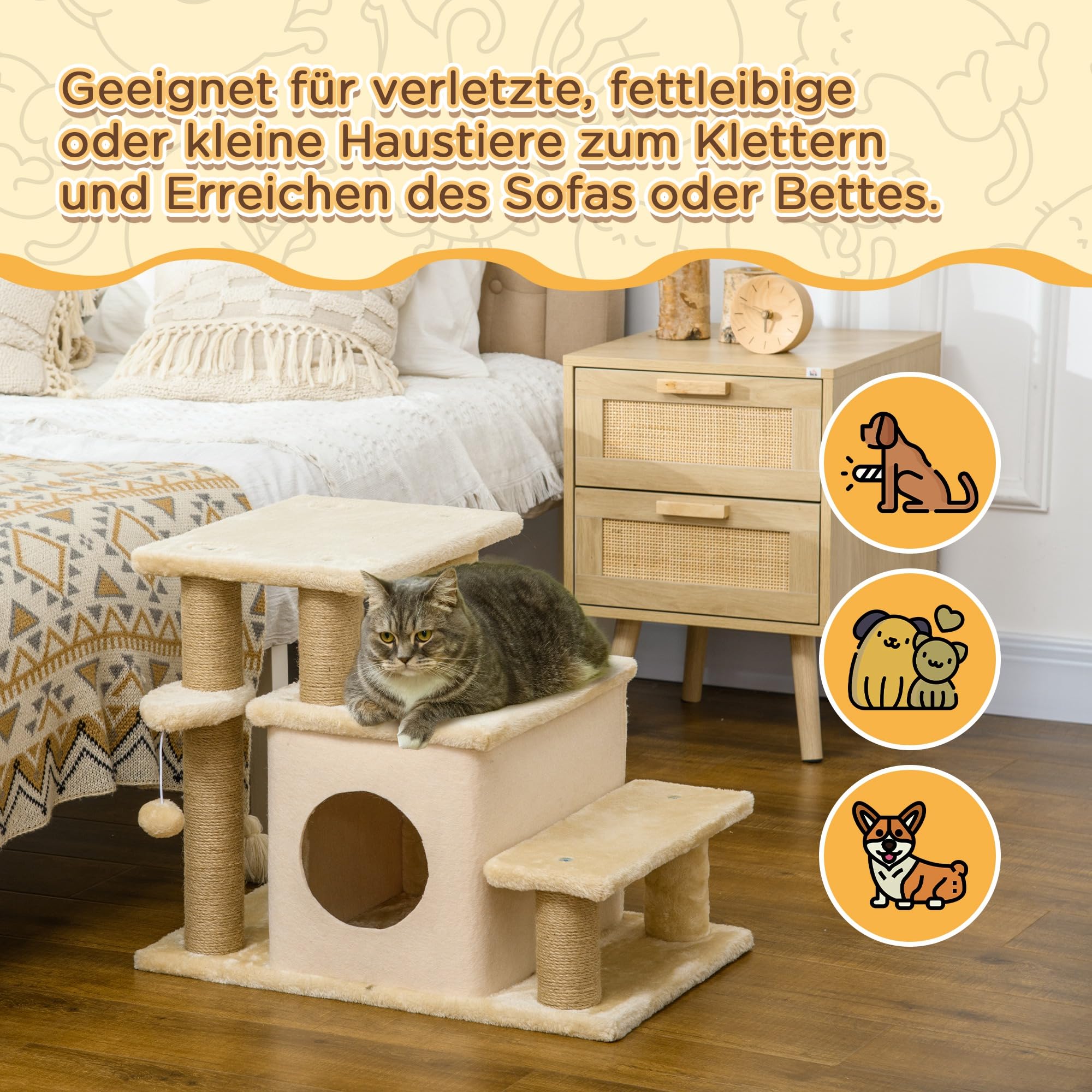 PawHut Hundetreppe 3/4 Stufen 66 cm Hoch Haustiertreppe mit Schlafhöhle, Rampe, Sipielball, Katzentreppe für mittelgroße Katze Hunderampe Einstiegshilfe für Bett, Sofa, Couch, Beige