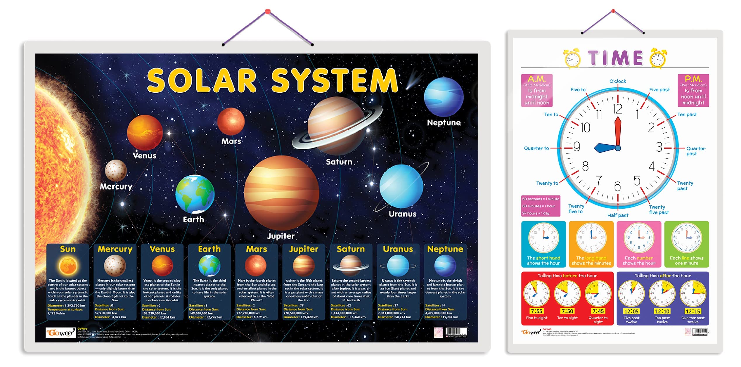 Set of 2 Solar System and TIME Early Learning Educational Charts for Kids | 20"X30" inch |Non-Tearable and Waterproof | Double Sided Laminated | Perfect for Homeschooling, Kindergarten and Nursery Students