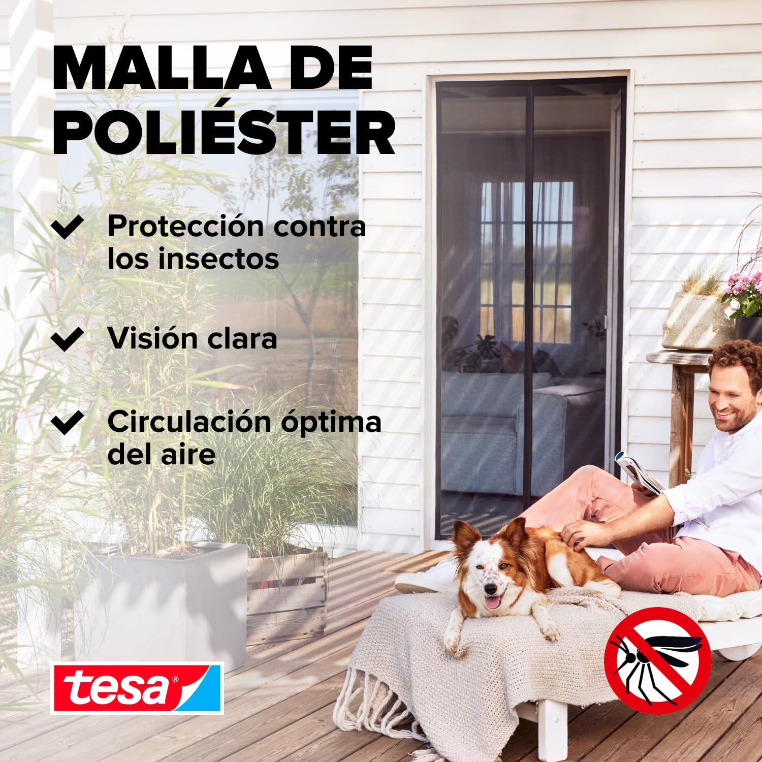 tesa Insect Stop - Cortina Mosquitera Magnética con Cierre Automático - Malla Protectora Contra Insectos para Puertas de Balcón y de Patio - Fácil Instalación sin Taladrar - 2,4 m x 1,2 m