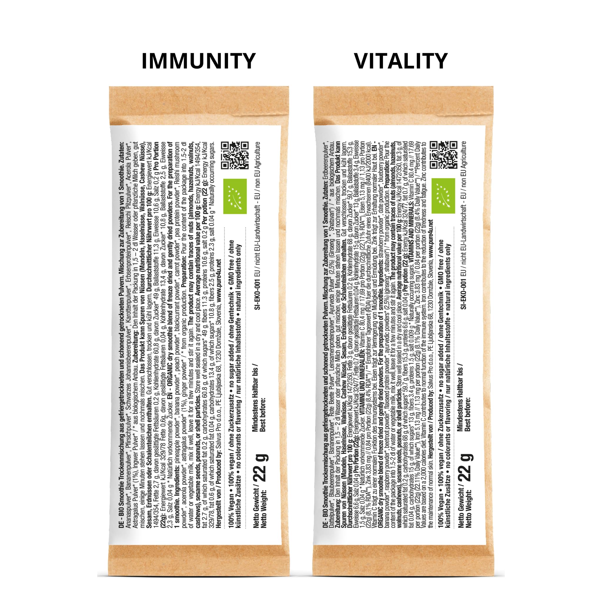 PURE4U BIO Immuno Vital Paket (4x Immunity, 4x Vitality) | 8x To Go Smoothie Shake Pulver | mit pflanzlichen Proteinen und Ayurveda | Ohne Zuckerzusatz | Leichte Zubereitung ohne Mixer