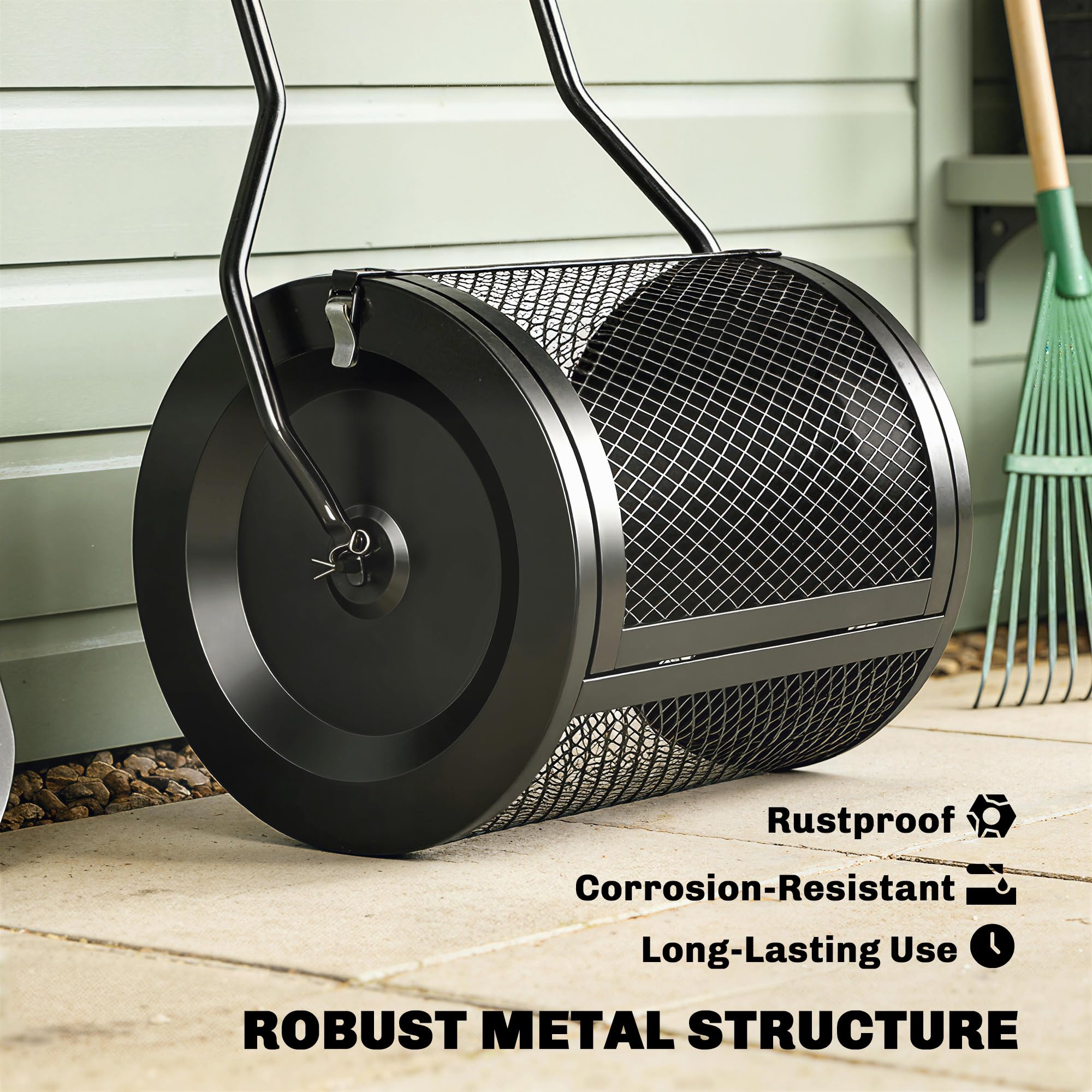 Outsunny Esparcidor de compost y turba 20" cesta malla metálica Negro | Mango en U desmontable de 34/80 cm, para siembra y esparcimiento de estiércol