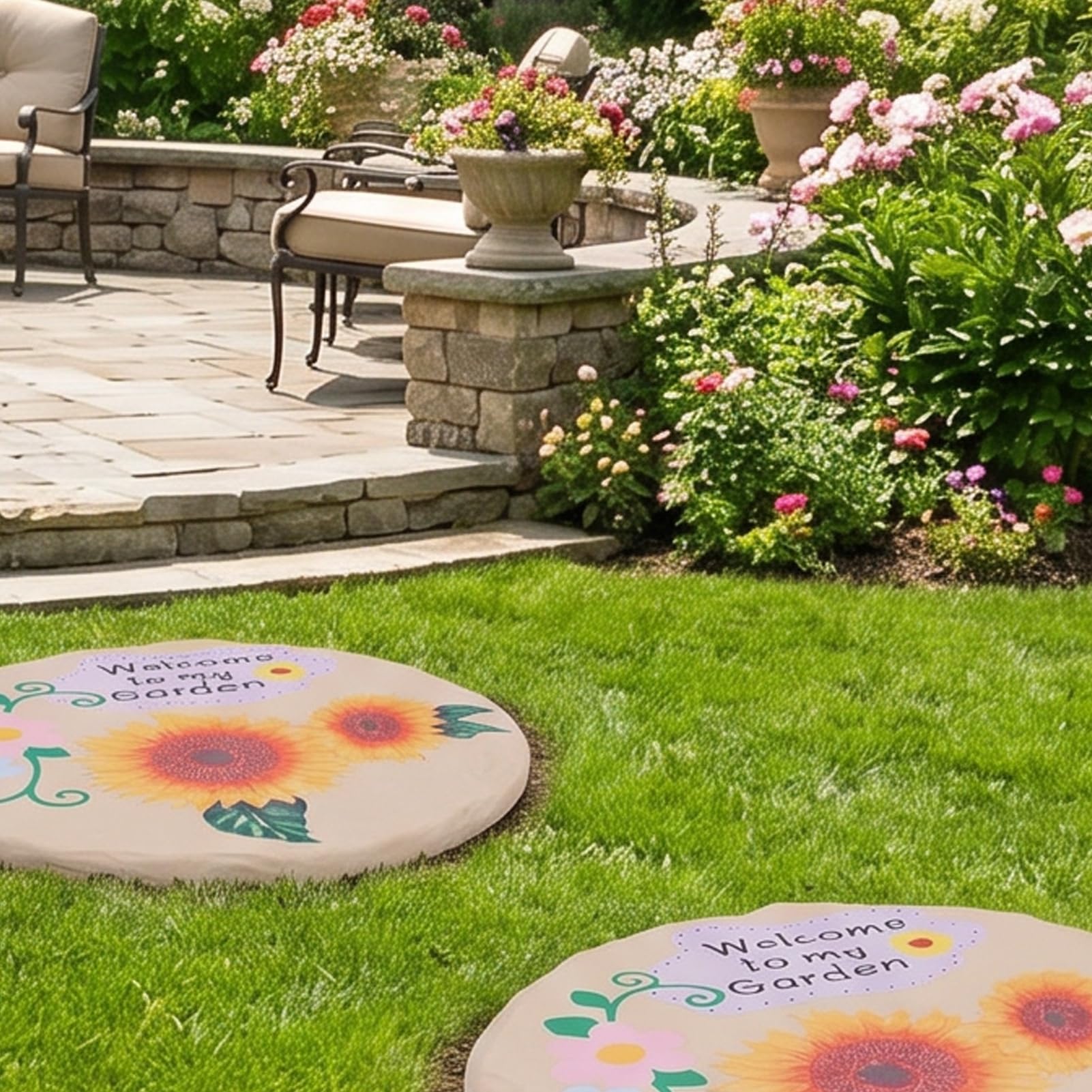 Luocute Dalles en Résine pour Jardin, Pas Japonais Ronds avec Piquets de Fixation, 4 Pièces étanches pour Pelouse Terrasse Allée, Installation Facile (Style de Petite Fleur de Tournesol)