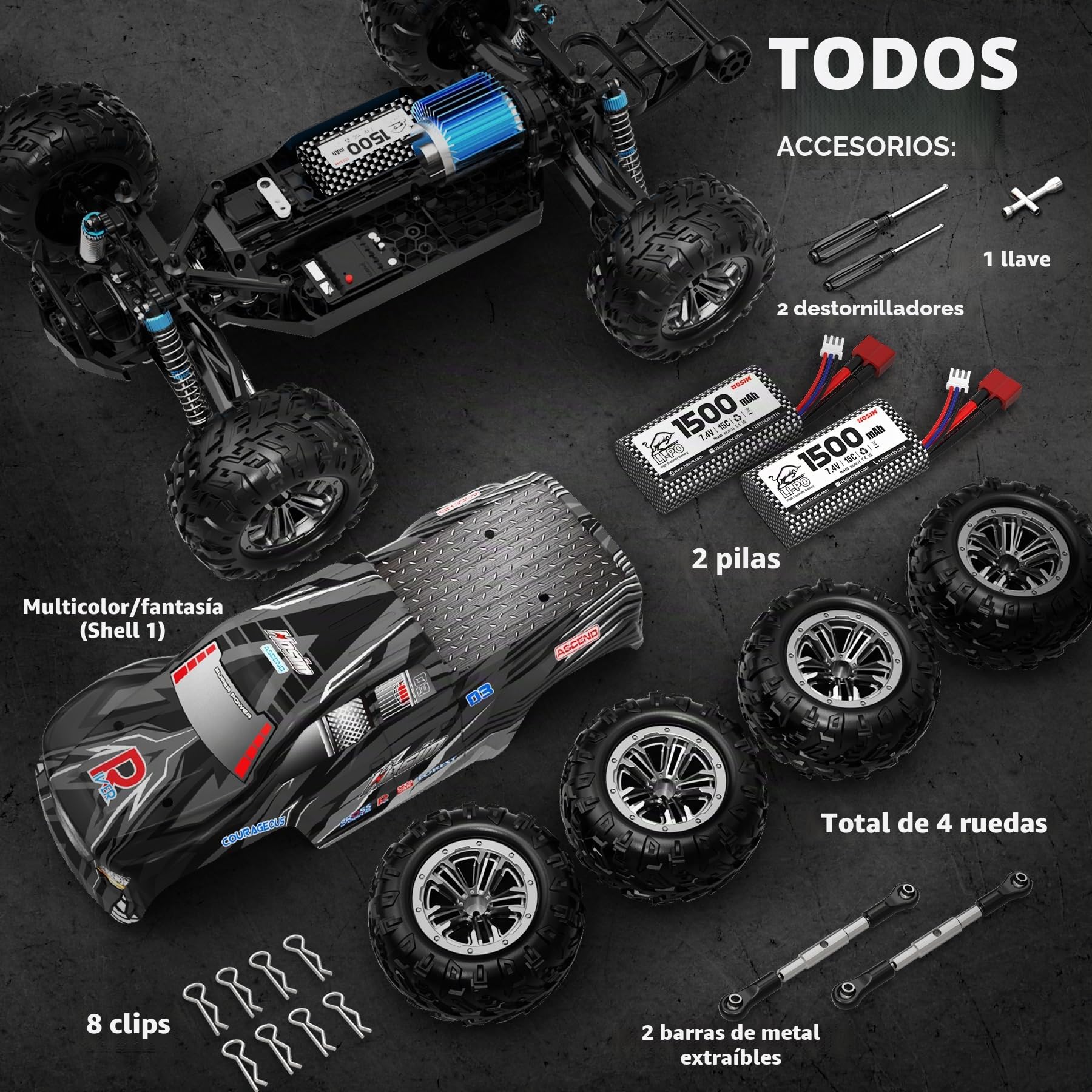 Hosim Coche teledirigido rápido 1:10 con luces RC Vehículos todoterreno 48+ km/h, Grado Hobby Drift RC Monster Truck con 2 baterías 40+ min de tiempo de juego para niños, adultos (X06, negro)