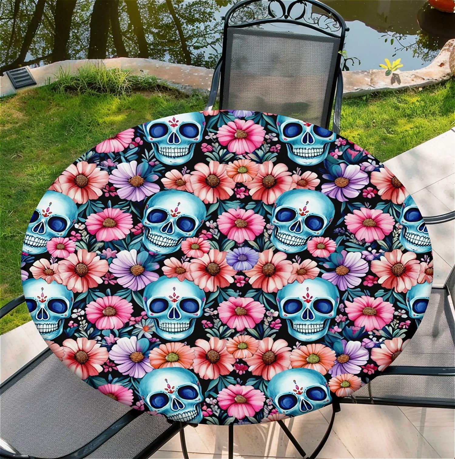 Outdoor Runde Tischdecke mit Gummizug Ø 36in(90cm)- Elastisch Garten tischdecke mit Schädel Muster,Tische Gartentischdecke für Outdoor Küche Passend für 95-105cm