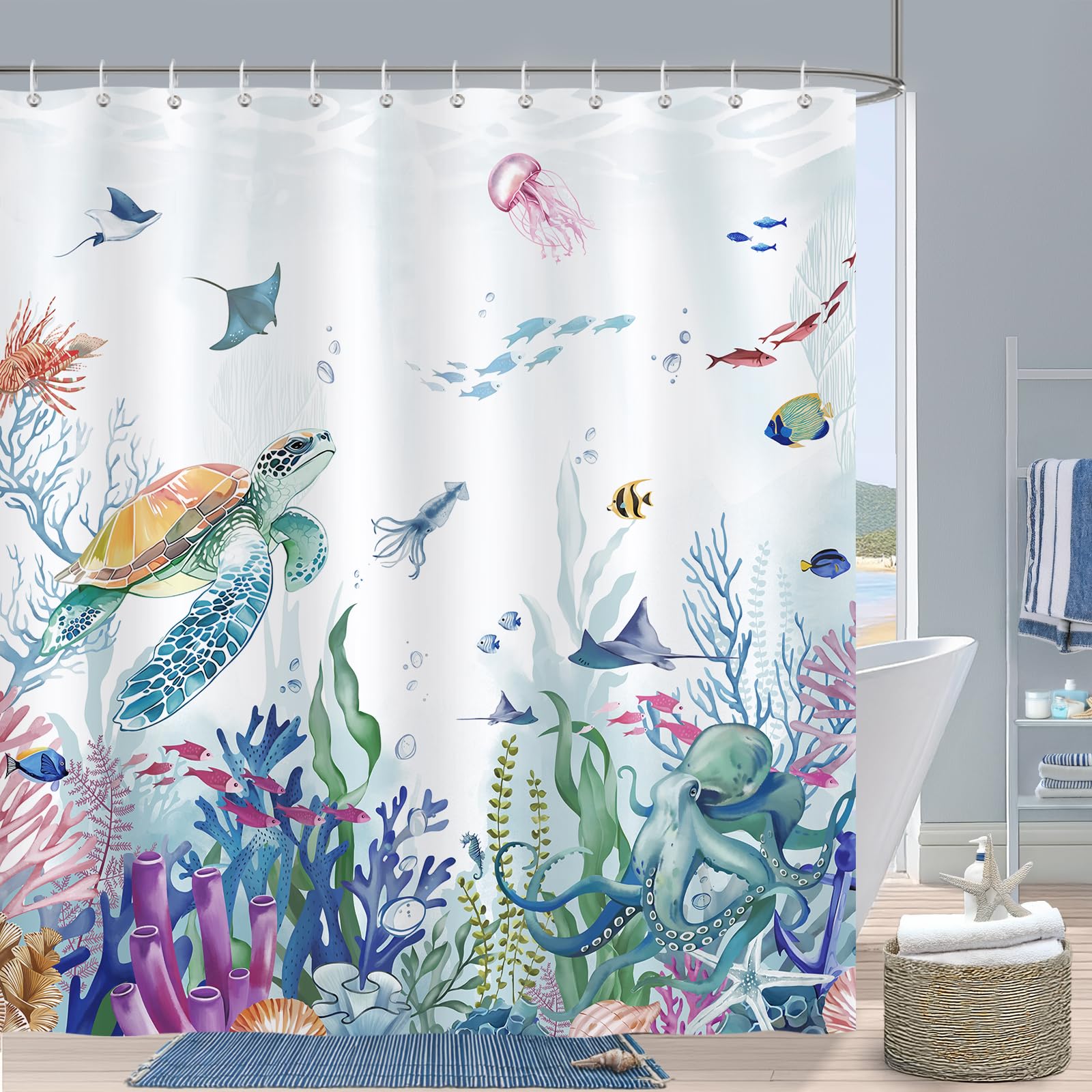 Bonhause Cortina de Ducha Tortuga Marina Náutico Costera Océano Cortina de Baño de Poliéster Impermeable Antimoho Lavable Cortina Ducha 180 x 180 cm con 12 Ganchos — view 8