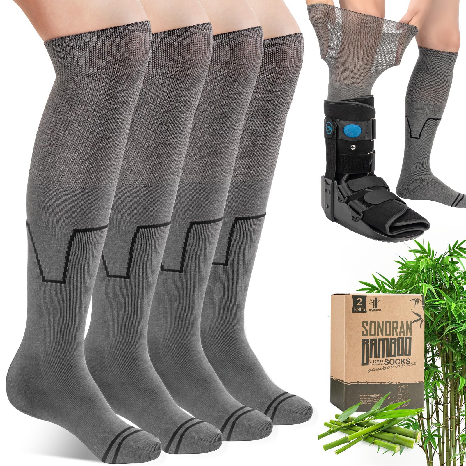 SONORAN Bamboo Viscose Walking Boot Socks (2 Pairs) Lightweight Replacement Sock Liner for Medical Tube Cast Socks to Wear Under Air Cam Walkers and Leg or Foot Fracture Boot Gray