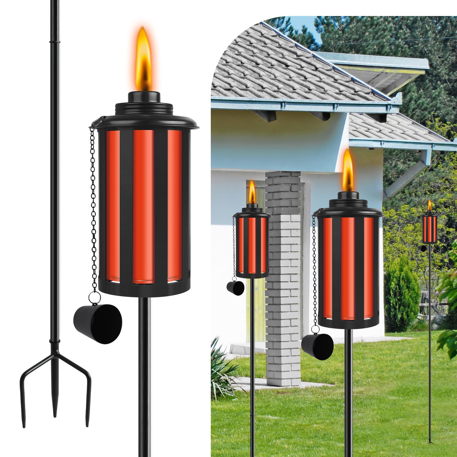 Citronella Torches Set of 4, 16 oz Garden Torches for Outside, 3-Prong Grounded Stake Outdoor Torches, 58 inch Outdoor Decorative Lantern, Orange