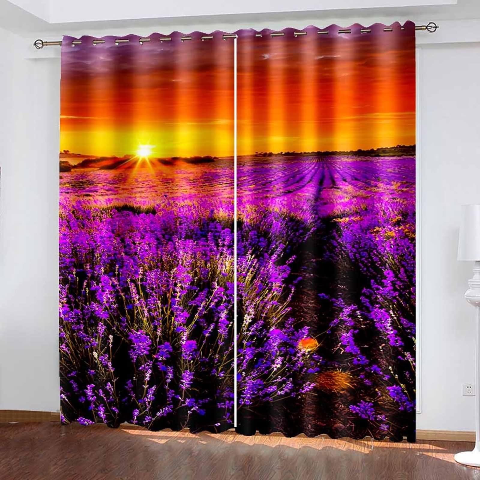 Rideau Occultant Chambre, Rideau Salon Automne Orange Violet Paysage de Coucher de Soleil dans Un Champ de Lavande Polyester Lot de 2 192x229cm