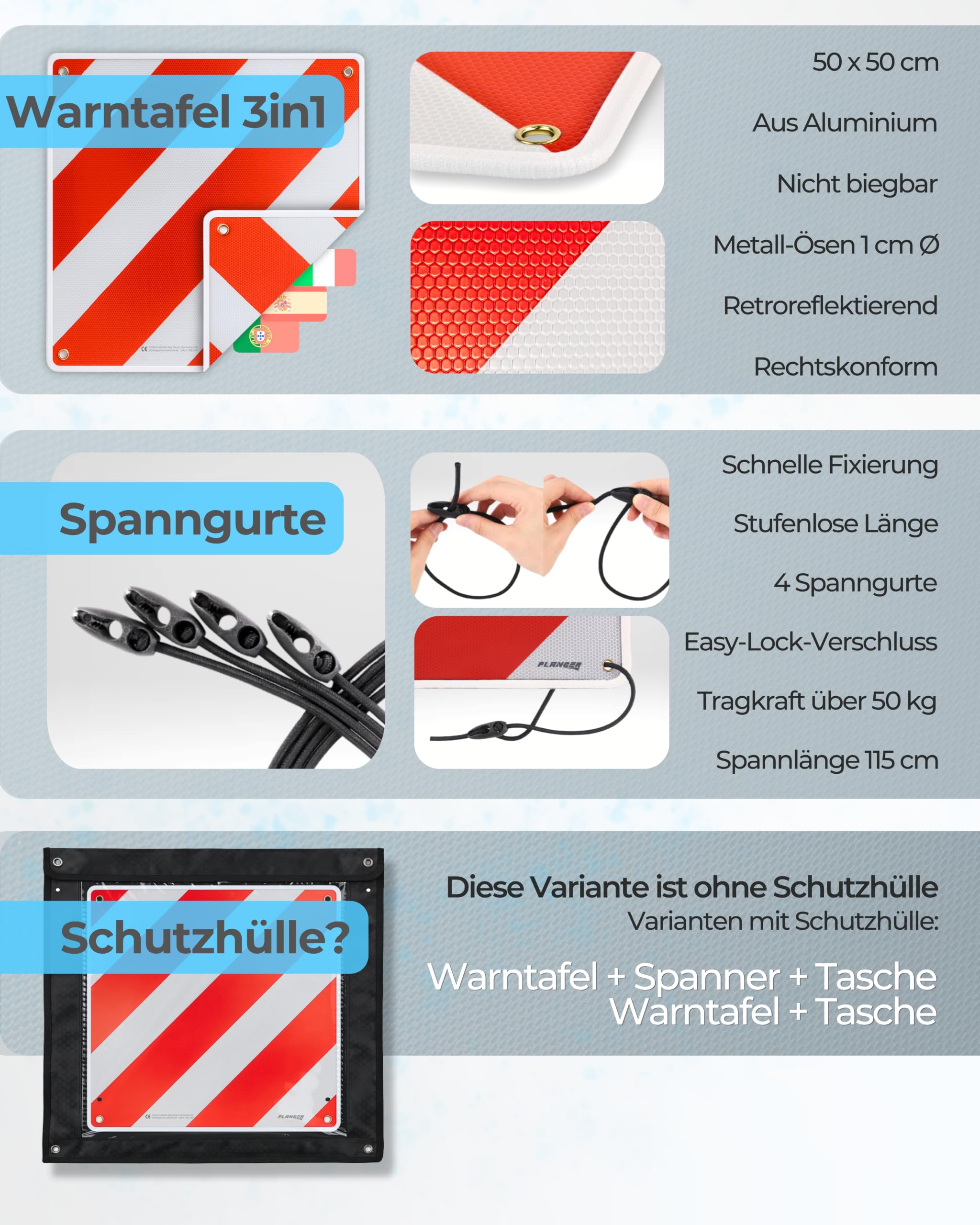 PLANGER® - Panneau d'avertissement Italie et Espagne (Panneau + Tendeur) 2en1 (50 x 50 cm) - Panneau d'avertissement réfléchissant rouge et blanc pour porte-bagages arrière et porte-vélos