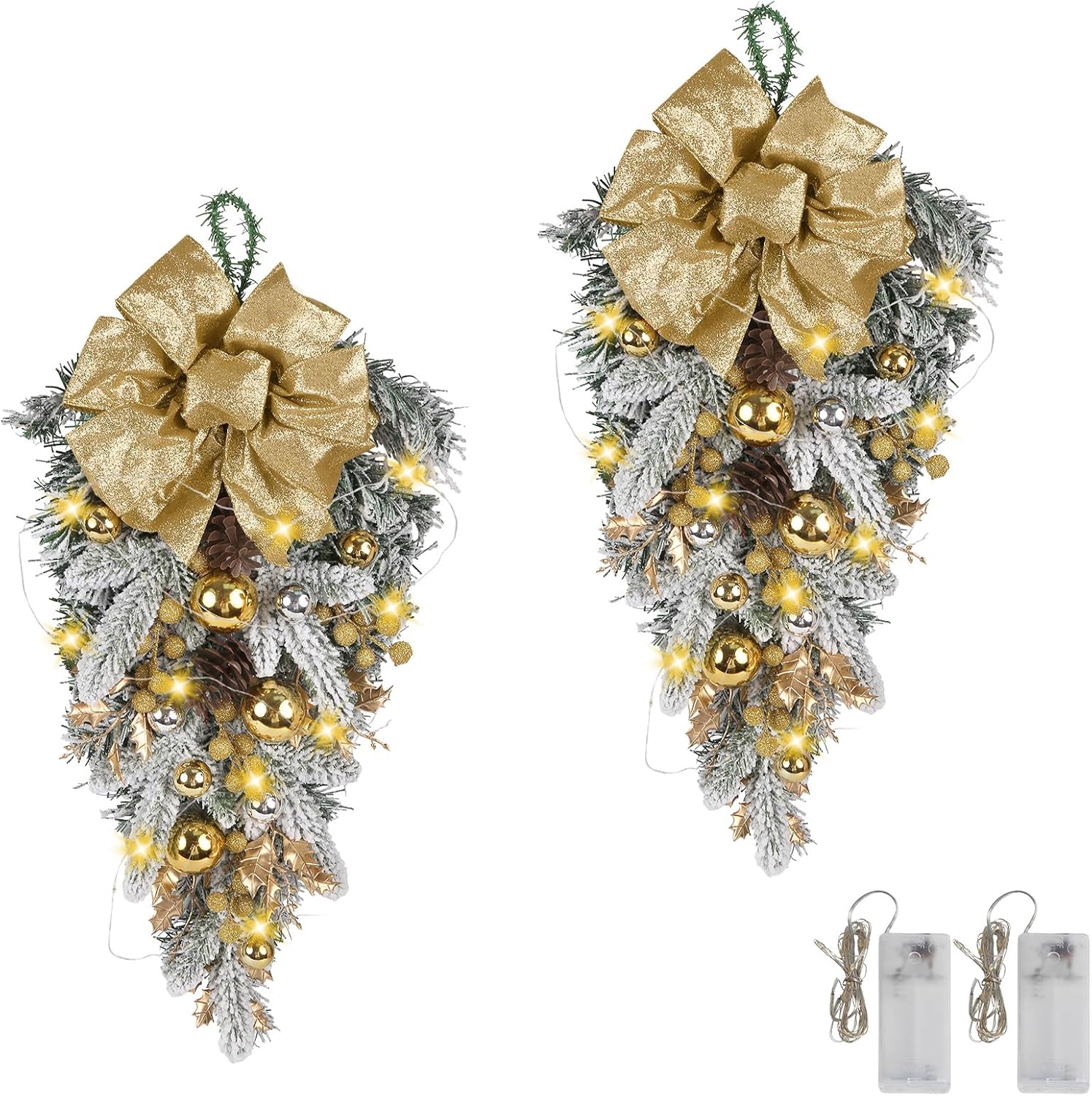 2pcs Christmas Teardrop Swags, 24" Christmas Stairway Swag with Lights, Artificial Teardrop Wreath for Xmas Door Table Fireplace Indoor Outdoor Decorations (Gold)