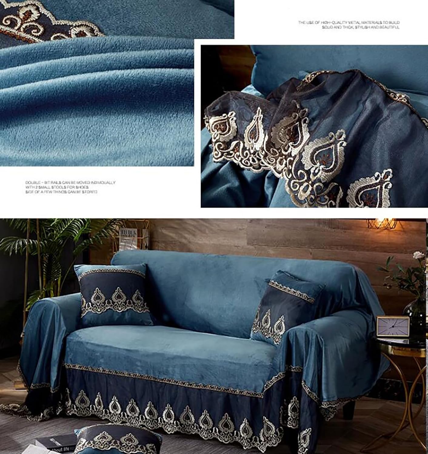 SFYZ HOME Vintage Velvet lace Sofa Cover,Floral Embroidery Soft Sofa slipcover, Solid Color Sofa Towel for loveseat sectional Sofa cat Dog (Dark Blue,Chair (79x79inch))