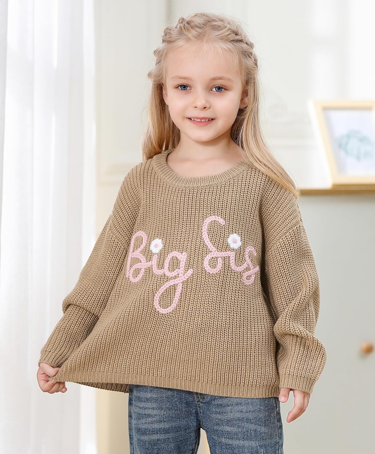Toddler Girl Big Sister Embroidered Knit Sweater Long Sleeve Pullover Sweatshirt Fall Winter Clothes