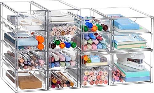 Miniatura 7 de HBlife Organizador de maquillaje con 16 cajones, paquete de 4 organizadores de escritorio transparentes, suministros de oficina, accesorios de
