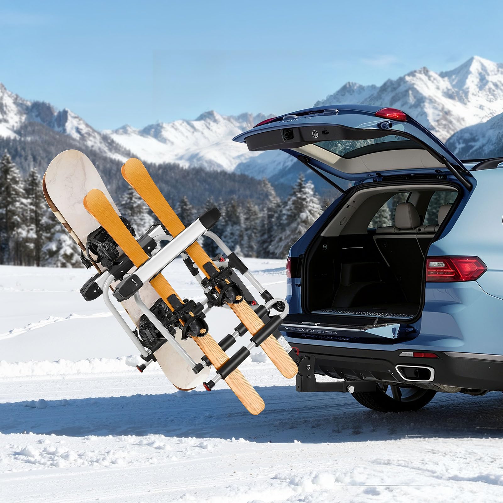 VEVOR Bagażnik dachowy na narty, snowboard, do 6 par nart/4 desek snowboardowych, zamykany bagażnik dachowy z gumową wyściółką i pasem bezpieczeństwa, uchwyt na narty, bagażnik na hak holowniczy