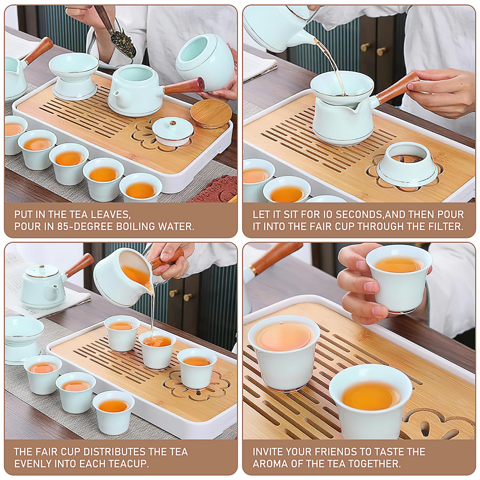 Japanisches Teeservice für 6, Tragbares Chinesisches Gongfu-Teeset 14 Stück Porzellan Teekanne Set Gongfu Teeservice inklusive Teetablett und Sieb für zu Hause,als Geschenk,Büro