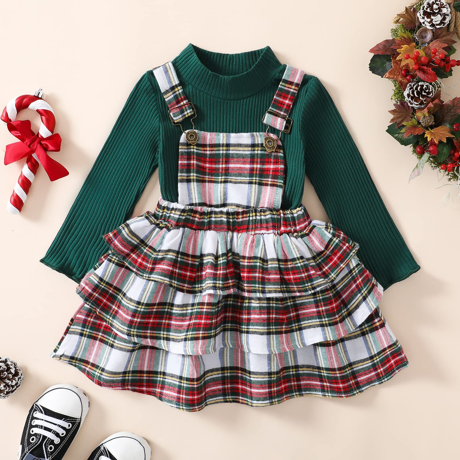 Toddler Baby Girls Christmas Outfits Set Long Sleeve Ribbed Knit Tops Plaid Suspender Skirt Infant Fall Winter Clothes (Christmas Green, 2-3 Years)