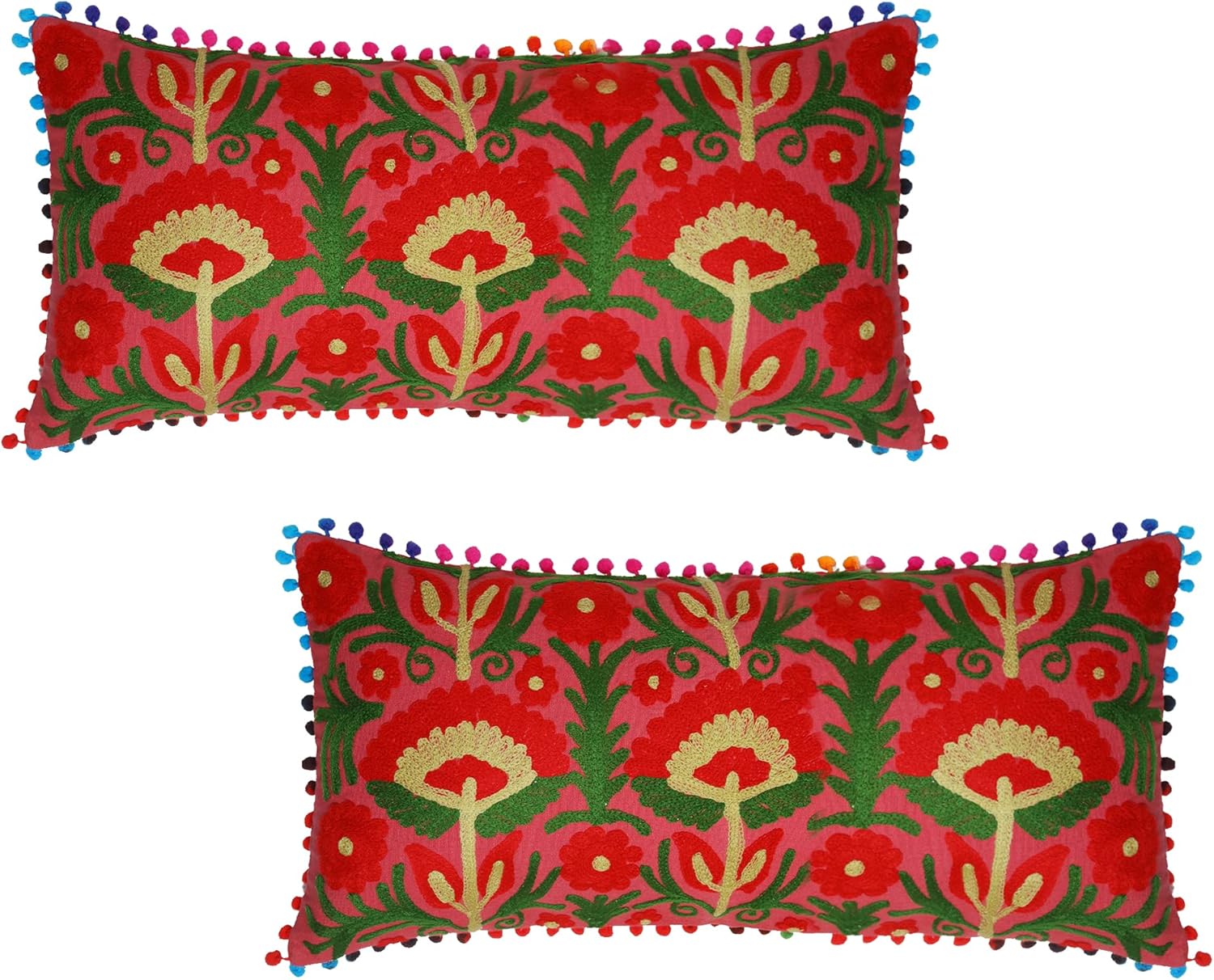 Indian Handmade 100% Cotton 12''*24'' Suzani Cushion Covers Decorative Boho Pillow Cover Floral Throw Pillow for Sofa Couch Bed by INDIADECOR (Coral Red), 18 x 18 Inches (IDLP-Sz)