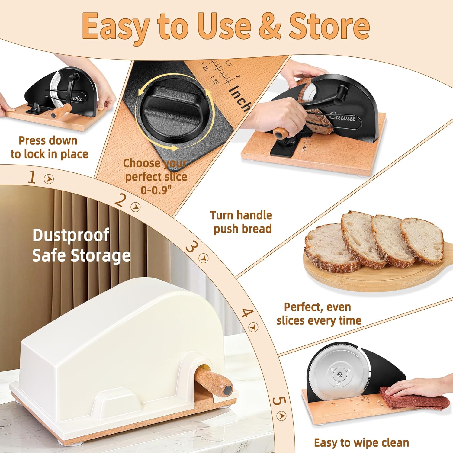 Upgraded Manual Bread Slicer for Homemade Sourdough Bread - Adjustable Thickness Bread Cutter with Hand Crank, Suction Cups, Slicing Guide, Scale Line & Cover, for Perfect Even Slices (Black)