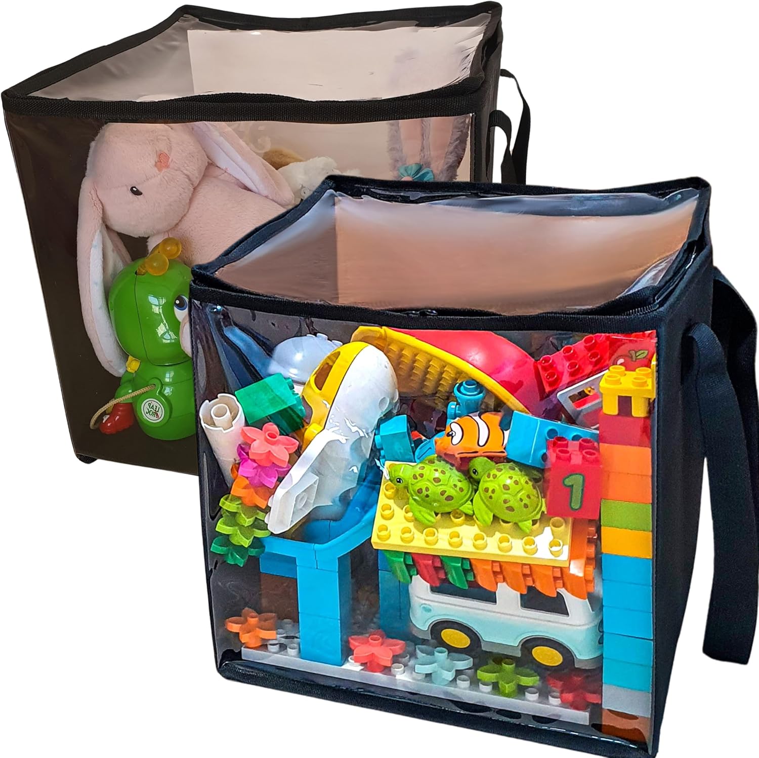 SAM AND MABEL 2 Pack PVC Storage Bins – 12" X 12" X 12" Durable and Foldable Organizer with Transparent Top and Sides, Multi-Purpose Boxes for Clothes, Deco, Books and More (Black)