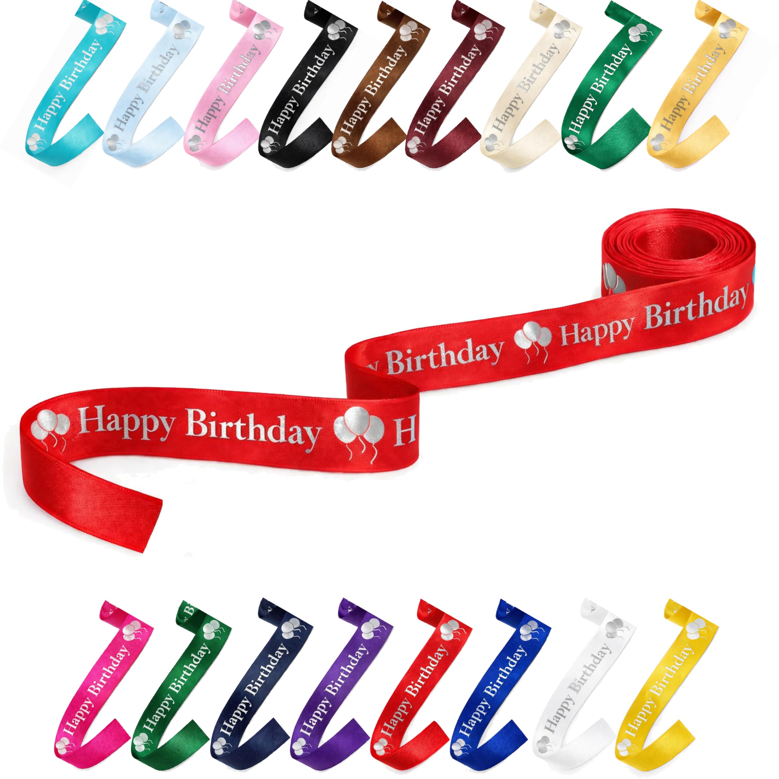 25mm (1") Wide Happy Birthday Luxury, Vibrant Satin Ribbon for Gift Wrapping, Flower Bouquet, Crafts, Balloons, Party Decoration with Metallic Silver Text & Balloon Print (Red, 10 Metres)