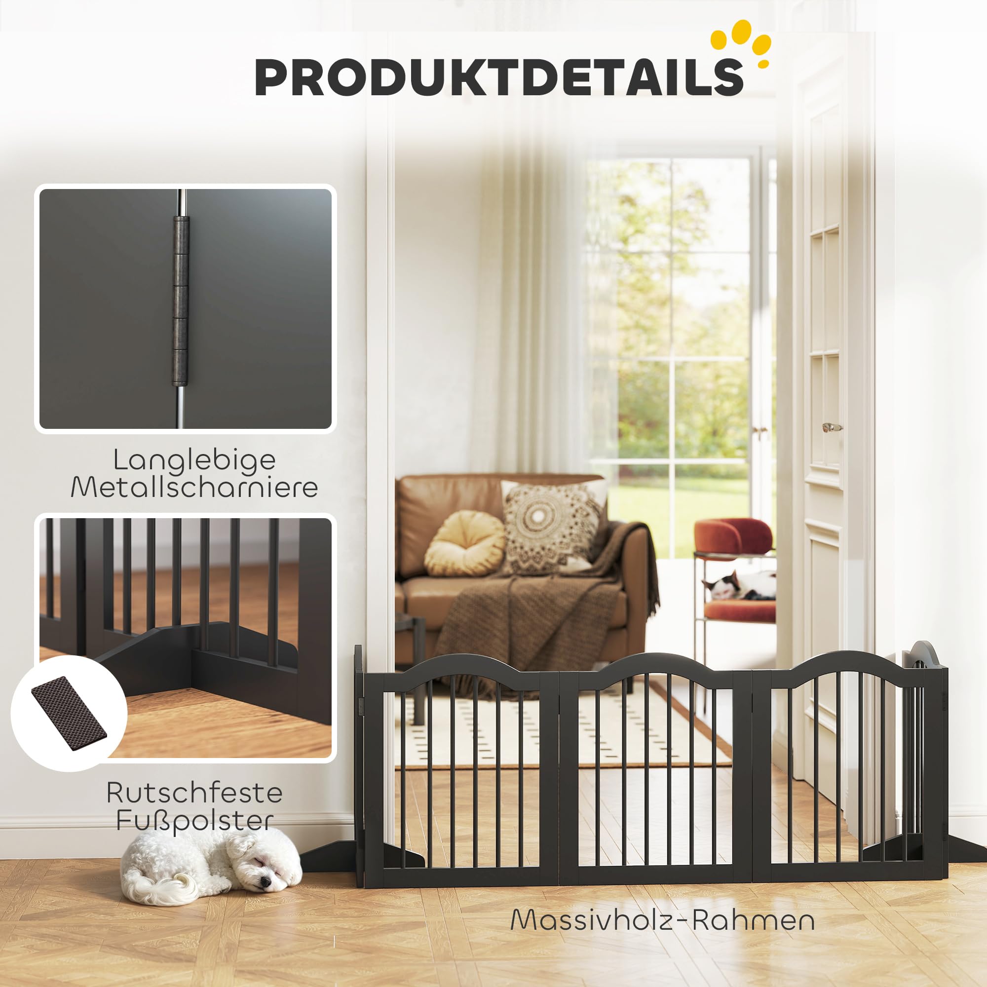 PawHut Barrera plegable para perro, 261,5 x 61 cm, color negro | Rejilla para perros de 5 piezas con puerta, con 2 patas de apoyo, rejilla para escaleras para cocina, pasillo