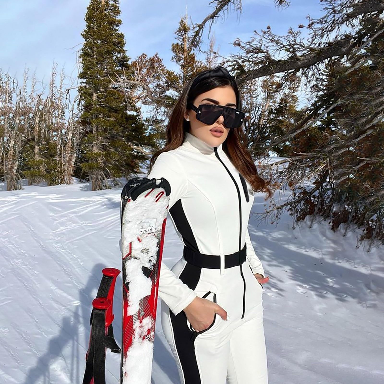 Generisch Mono térmico para mujer, chaqueta de esquí de invierno, tallas grandes, mono de esquí sin capucha, cuello alto, mono deportivo con cremallera y cinturón, traje de nieve cálido, resistente al