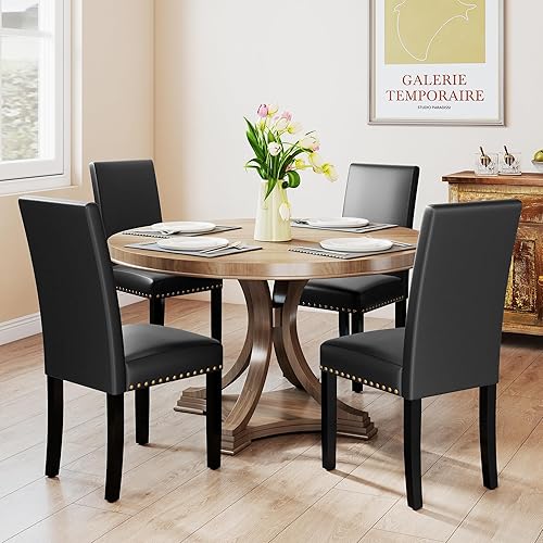 Miniatura 10 de Juego de 2 sillas de comedor de madera, sillas auxiliares de cocina tapizadas de tela moderna, silla de respaldo alto con clavos de cobre (beige)