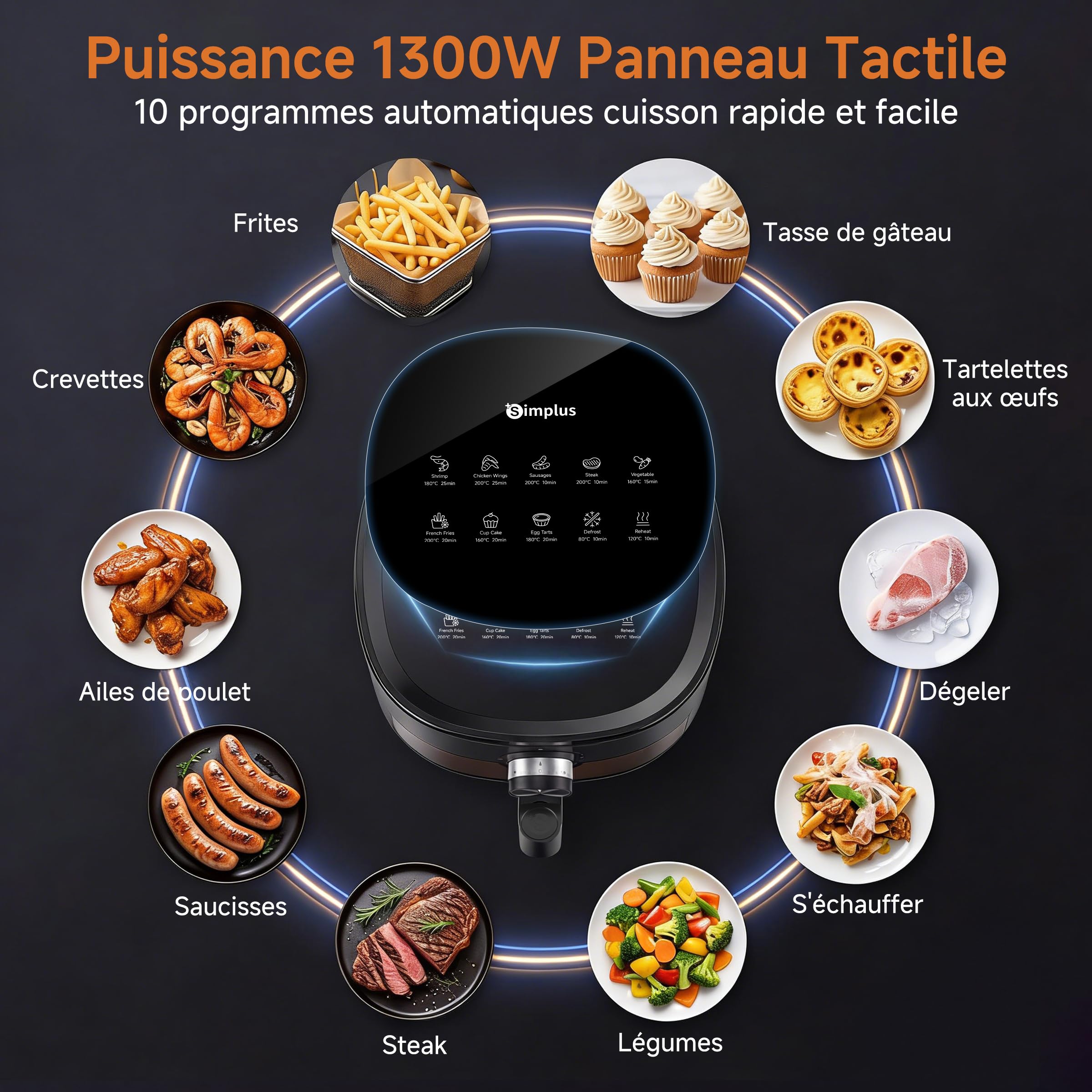 SIMPLUS Air Fryer 5L avec Fenêtre Visible, Friteuse sans Huile 1300W, 10 Menus Guidés, Contrôle par Molette, Compacte, 43dB Silencieuse, Cuisson Vapeur, 60-200°C, Jusqu'à 2-5 Personnes, Noir
