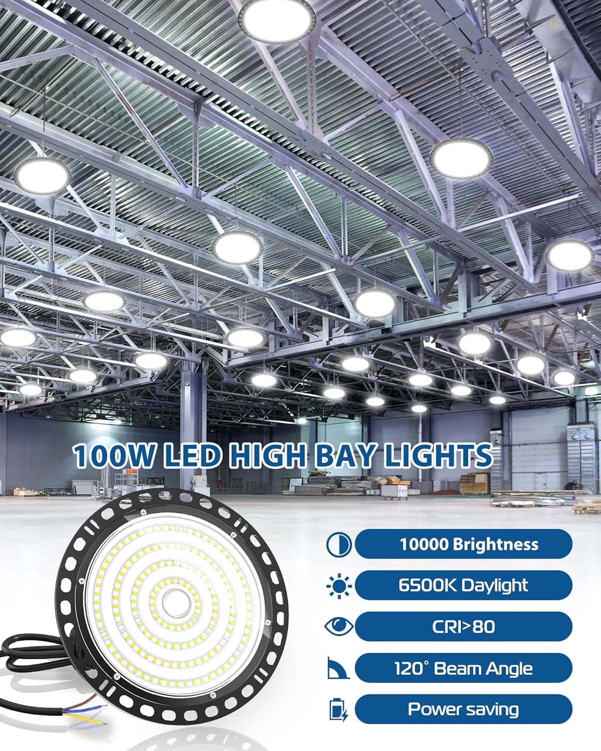UFO LED Lámpara de Alta Bahía - 2PC 100W 10000LM Focos Led Interior Techo 6500K Blanco Frío, Naves Industriales IP65 Impermeable Campana Iluminación para Garaje Almacen Fábrica Taller