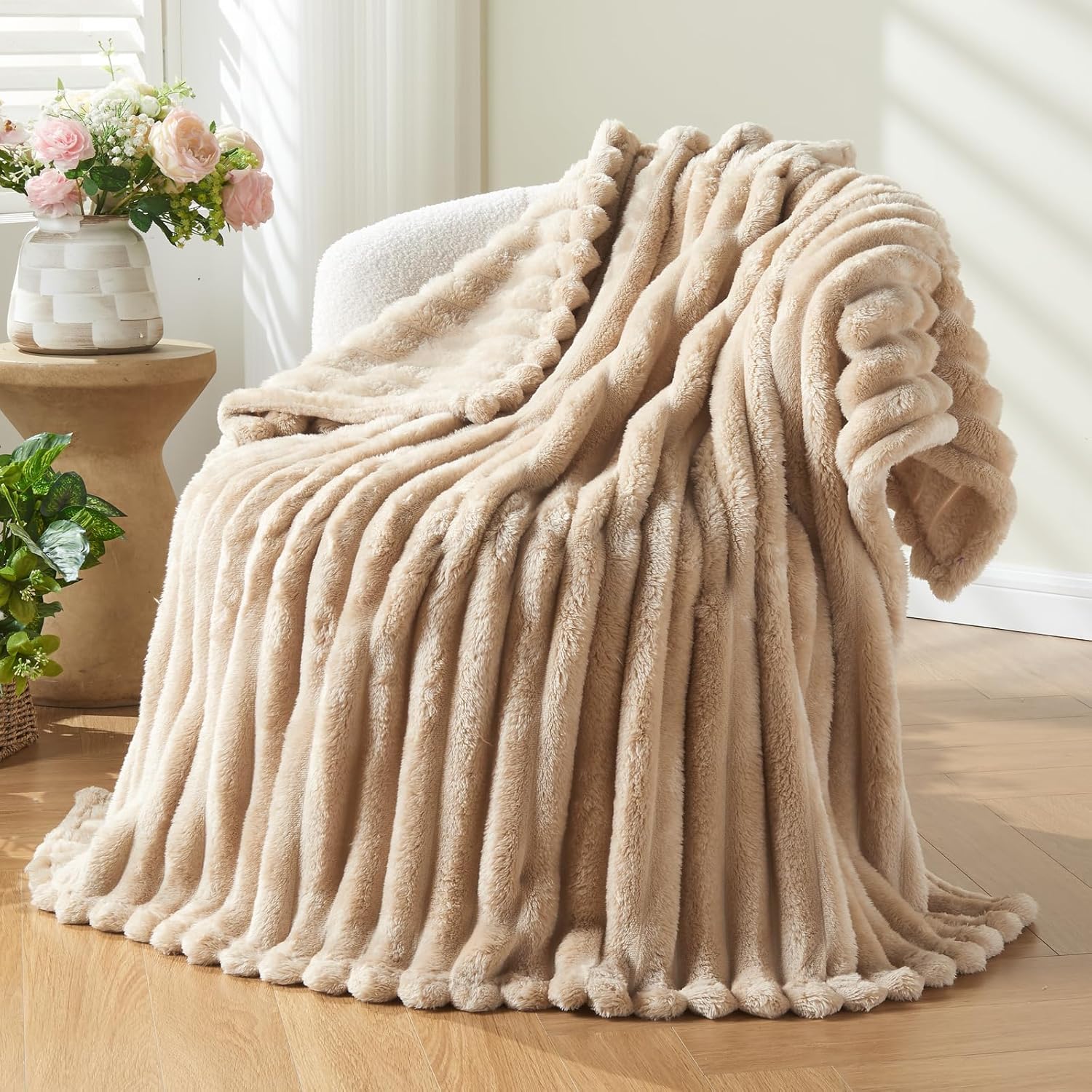 NEWCOSPLAY Super Soft Throw Blanket Brown Premium Silky Flannel Fleece 3D Ribbed Jacquard Lightweight Bed Blanket All Season Use (Brown Ribbed, Throw(50"x60")) Brown Ribbed Throw(50"x60")