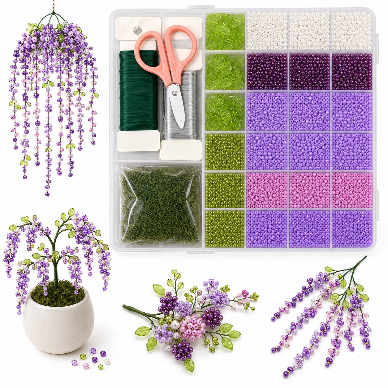 DVDVBOOM 5422Pcs Beaded Plant Kit, Suncatcher Beads Plant Kit Beads for Plants Making, Bead Suncatchers for Windows for Beaded with Instruction, Plants Bead for Beginner Making DIY Craft (Purple)