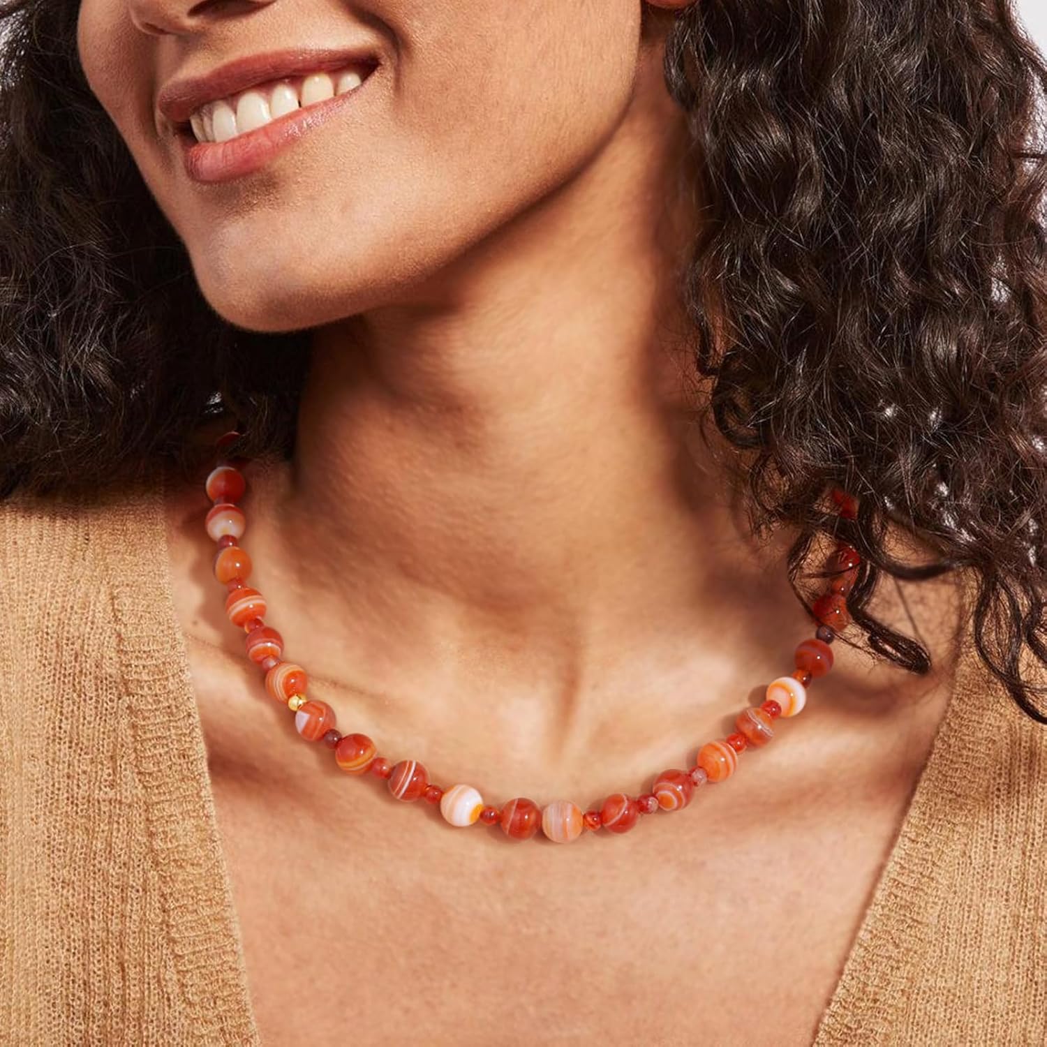 KissYan Beaded Necklaces for Women, 14K Gold Plated Natural Gemstones Choker, Boho Handmade Carnelian Red Agate Stone Ball Chain Fall Winter Jewelry Gifts - Image 2