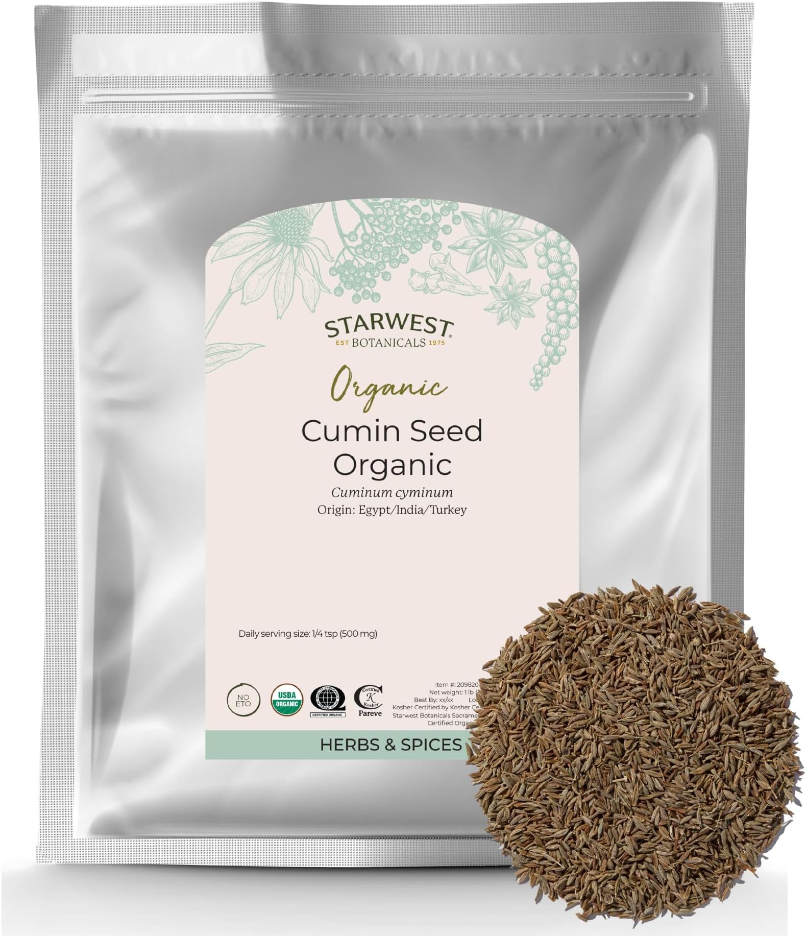 Organic Cumin Seed - Dried Seasoning for Curry, Chili, & Other Food, Rich & Earthy Spice, Non-GMO - Bulk 1 lb Bag