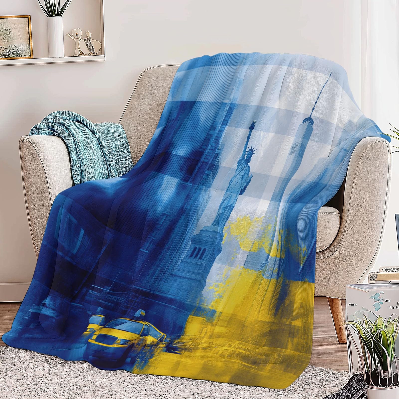Koc polarowy 180 x 200 cm kolaż zdjęcia nowojorskich pomników koc flanelowy koc na sofę flanelowy koc, niebieski dzieci ciepłe miękkie koce na łóżko lekkie koce na kemping i podróż