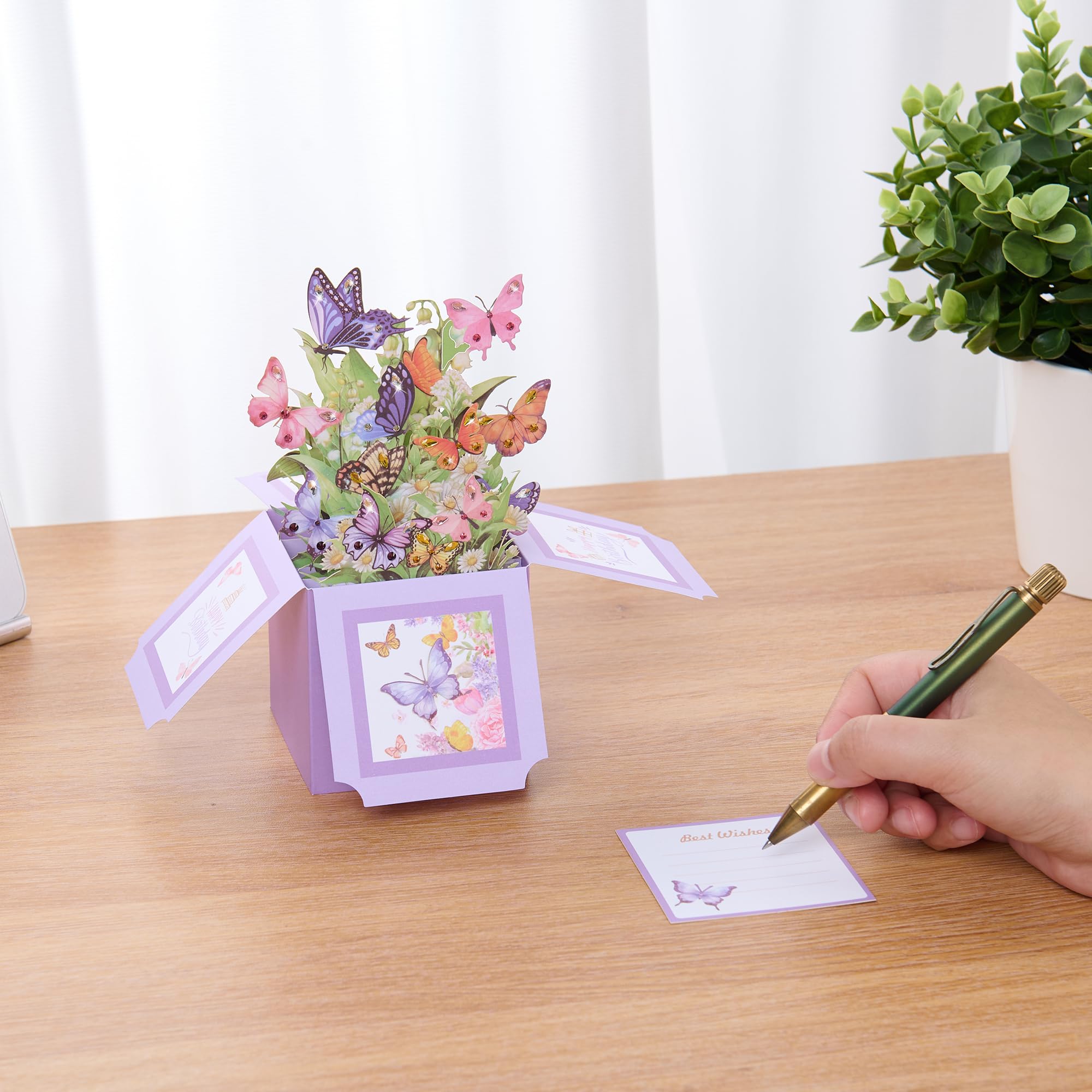 Tarjeta desplegable 3D, cristal incrustado a mano, mariposas y flores, tarjeta de felicitación 3D con sobre, tarjeta de cumpleaños, regalos hechos a mano para mujeres, esposa, mamá, abuela, ella