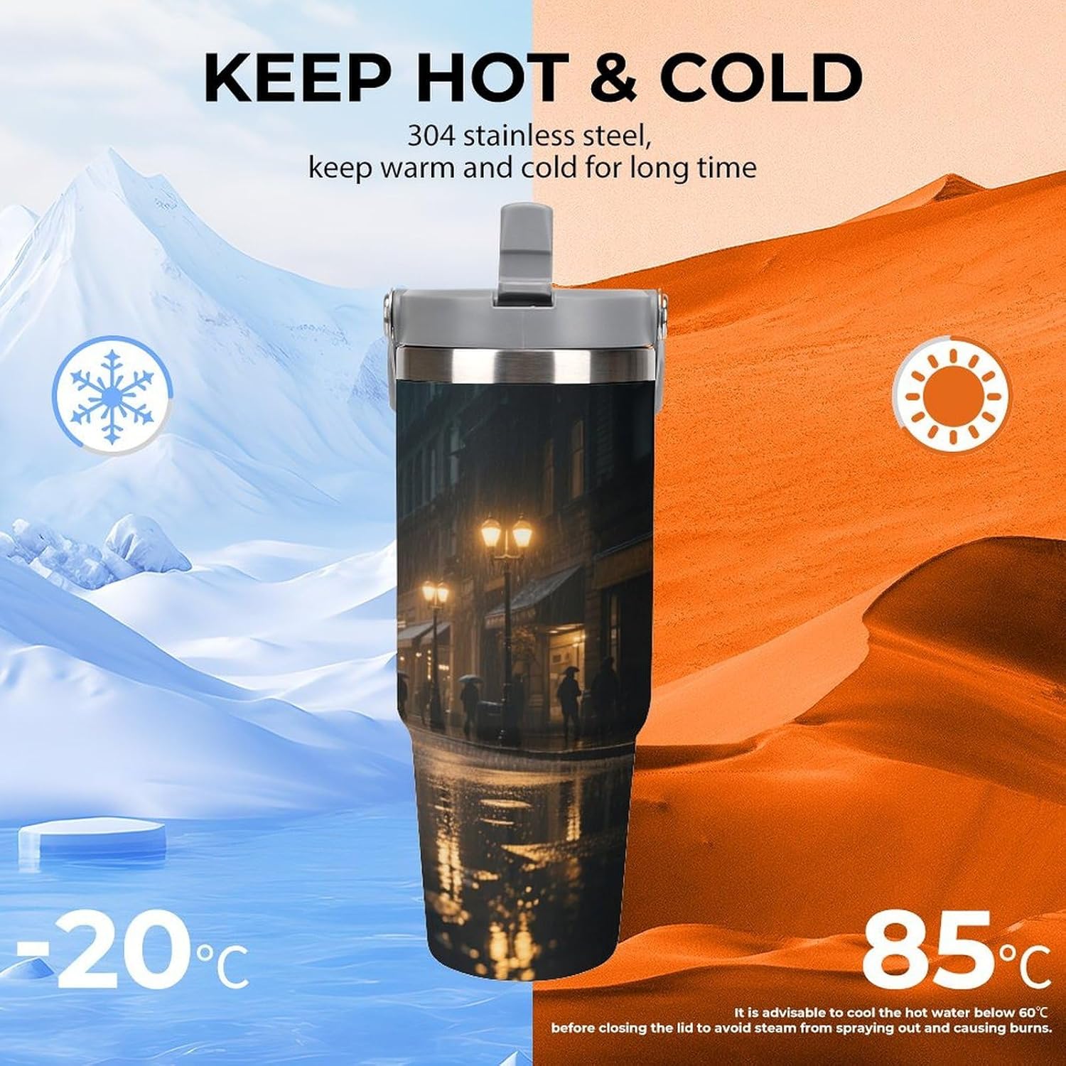 30 Oz Insulated Mug with Handle Lid And Straw Rainy Night City Street Pattern Large Metal Sports Bottle Great for Gifts Parties Office Coffee