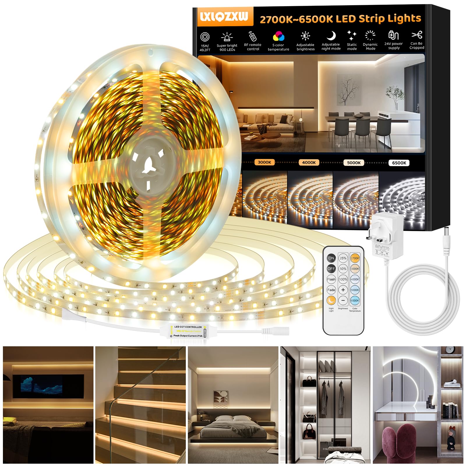 Warm White LED Strip Lights, 15M Dimmable Bright 24V Led Tape Light with Remote Control,Tunable White(2700K-6500K) 900 LEDs Strip Lights for Stairs, Wardrobe, Kitchen, Mirror, Bedroom, Bar Cabinet