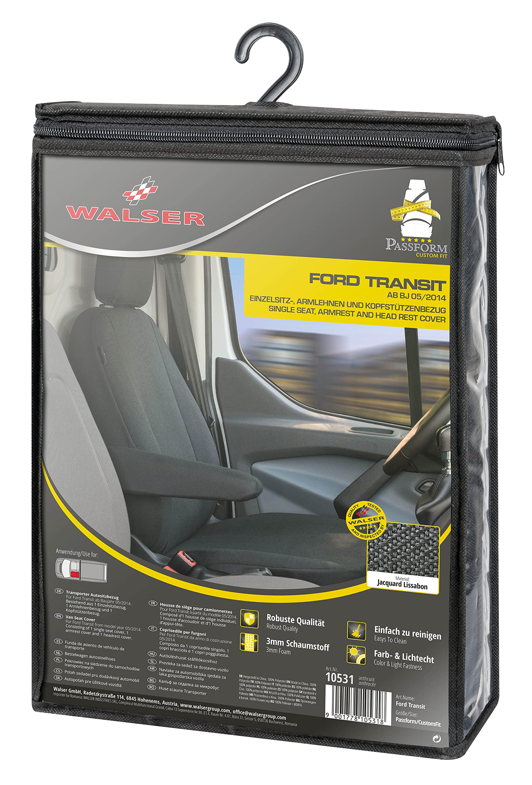 WALSER Transporter coprisedili per auto in tessuto compatibile con Ford Transit, 1 sedile singolo anteriore (bracciolo a destra)