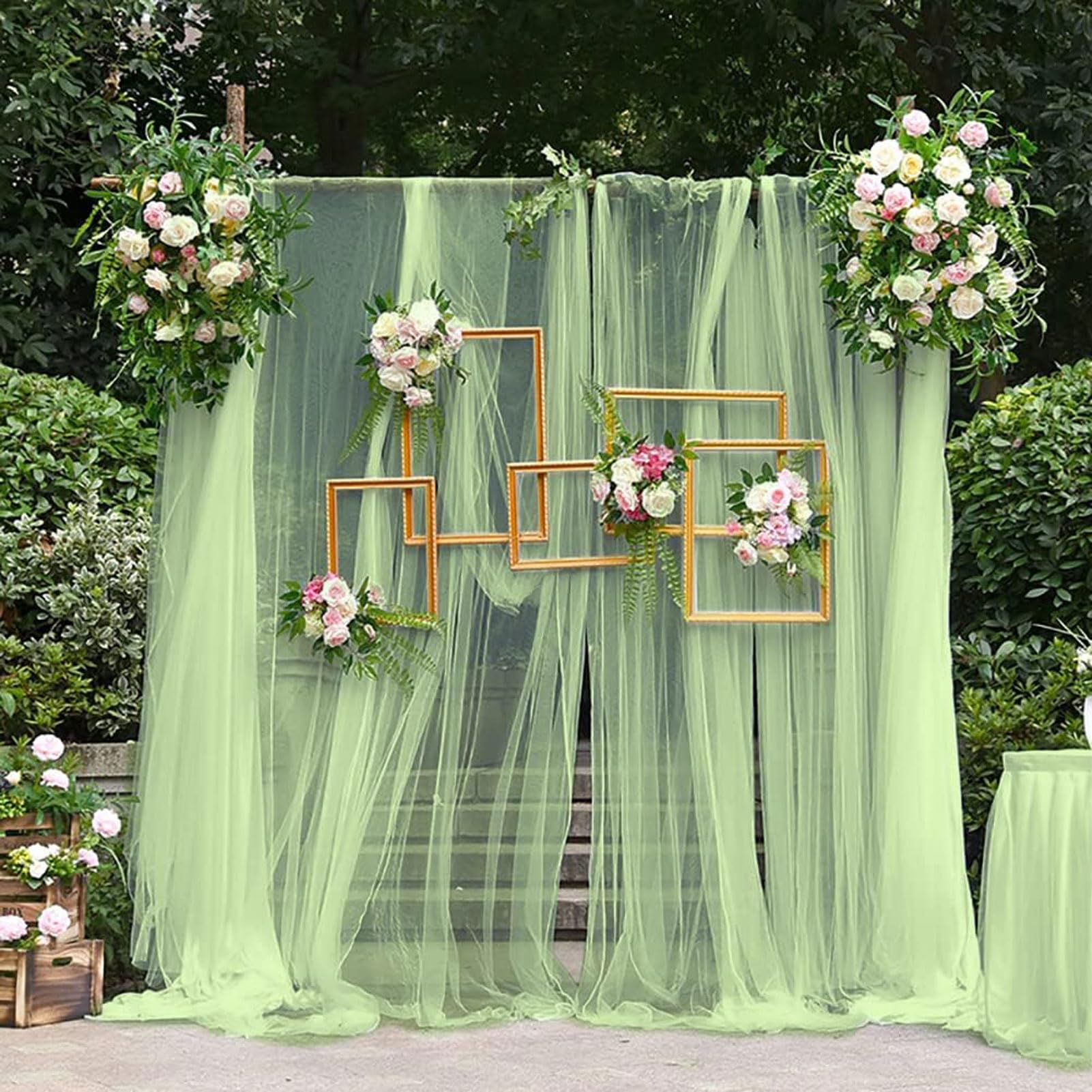 HUHJYUGE Voilage Arche Mariage Vert, Rideau Voilage Tulle Suspendue, Extérieur Mariage Rideau Tulle, Rideau Arche de Mariage, pour Déco Fête Cérémonie Rideaux Salon (6 600cm)