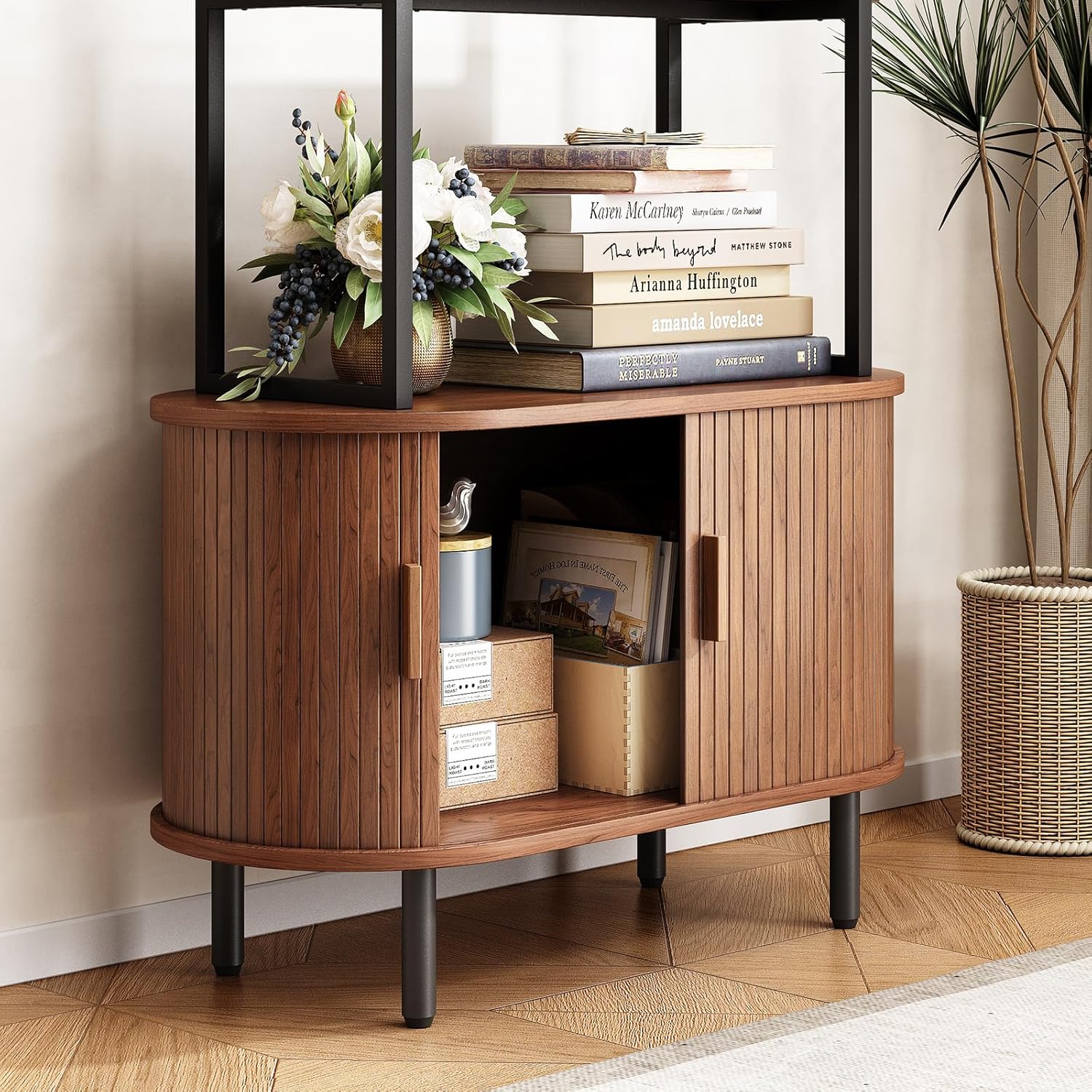 ONBRILL 71" Tall Bookshelf, 4-Tier Book Shelf with Storage Cabinet, Modern Bookcase with Sliding Door and Adjustable Footpad, Freestanding Storage Organizer Bookshelf for Living Room, Bedroom, Walnut