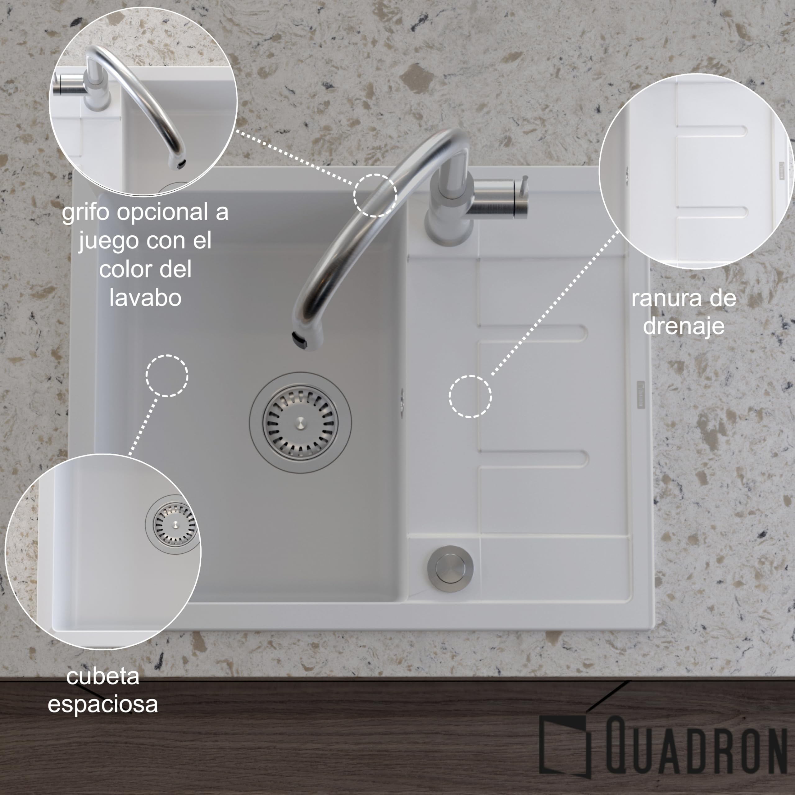 QUADRON fregadero de cocina negro fregadero de granito | tamaño 62 x 50 x 22 cm, color: negro y acero | MORGAN 116 fregadero de un seno con escurridor | fregadero empotrado con orificio para grifo