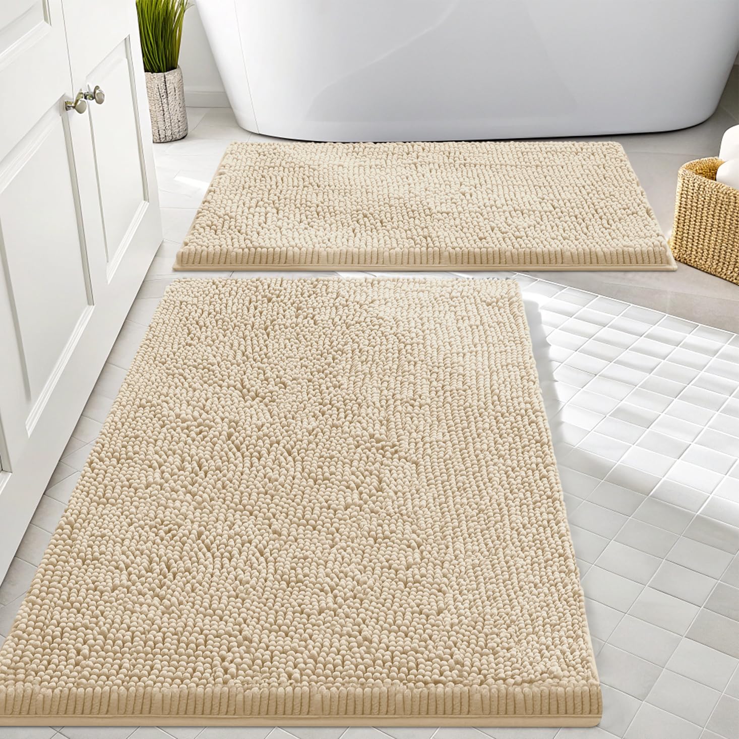 Smiry Chenille Bathroom Rugs Sets 2 Piece (30x20+24x16, Beige)
