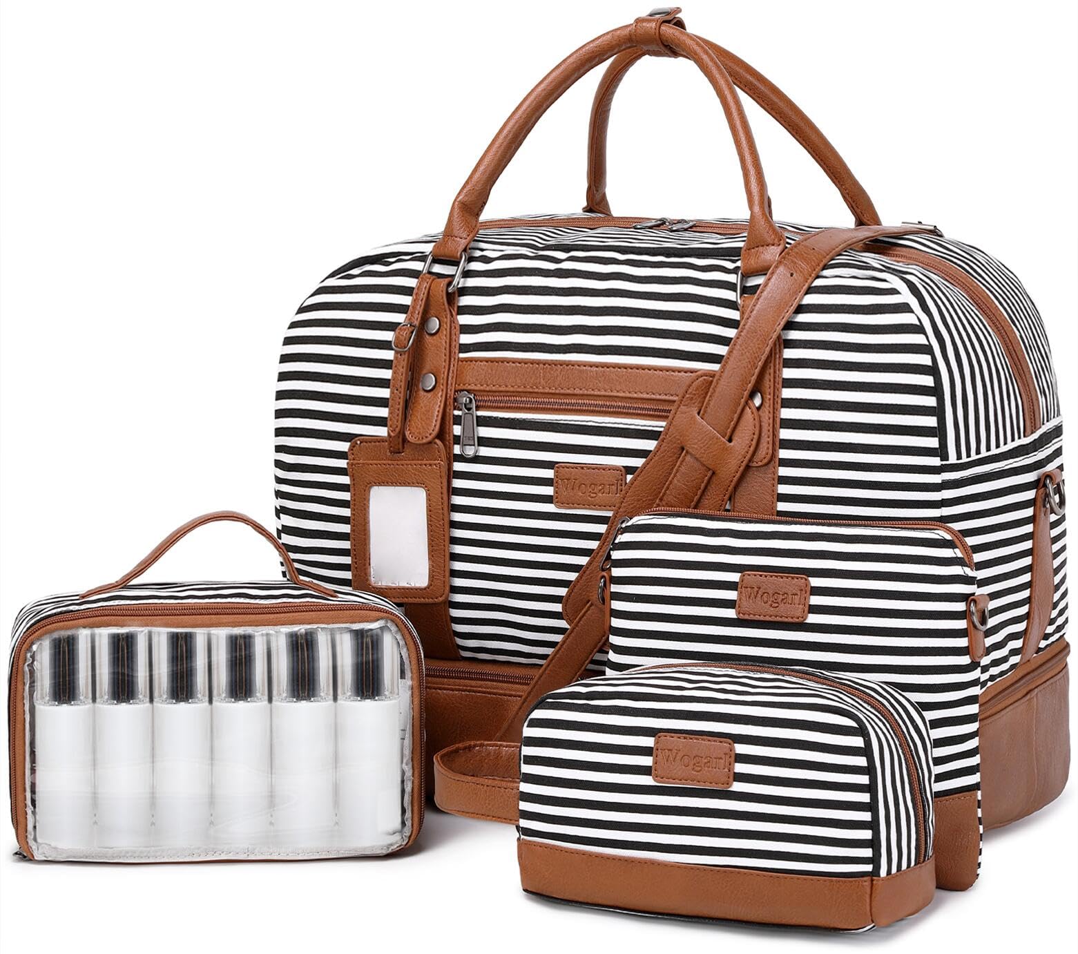 Wogarl 4PCS Weekender Bags for Women Large Overnight Bag Weekend Travel Duffel Bag Carry on Shoulder with Shoe Compartment Canvas Toiletry Bag for Travel Business Gym,Black White