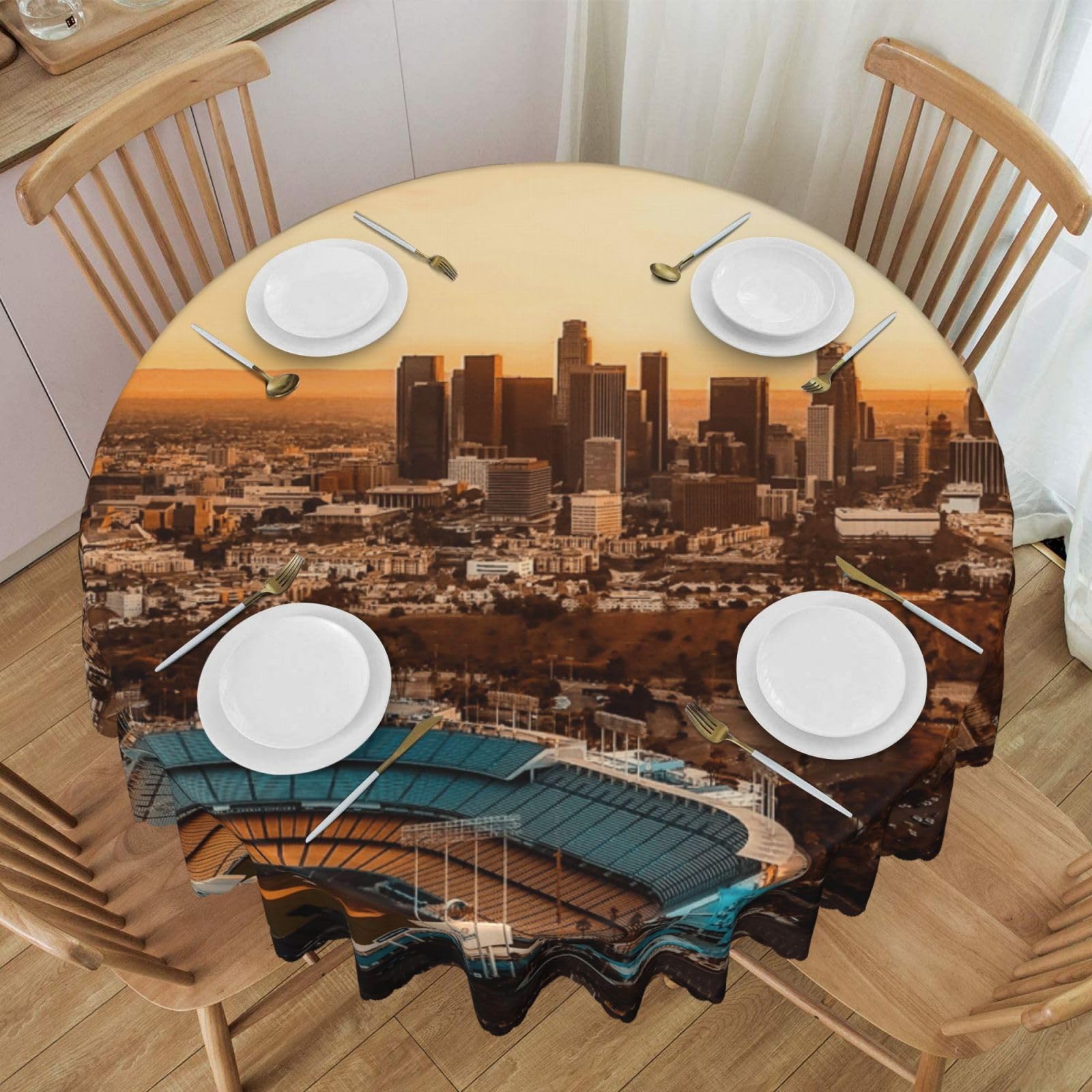 DCEHGEW 60 In Round Tablecloth with Lace, Stadium View Printed Oilproof & Washable Fabric Picnic Table Cloth Table Covers