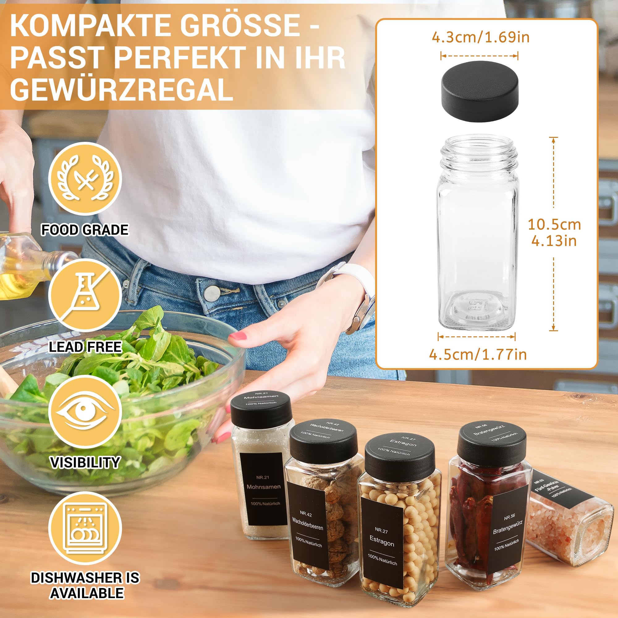 Gewürzgläser Eckig Set 24er - Gewürzdosen Glas 120ml mit Etiketten & Streueinsatz - Gewürzbehälter für Küche Spice Jars Gewürz Organizer mit Deckel