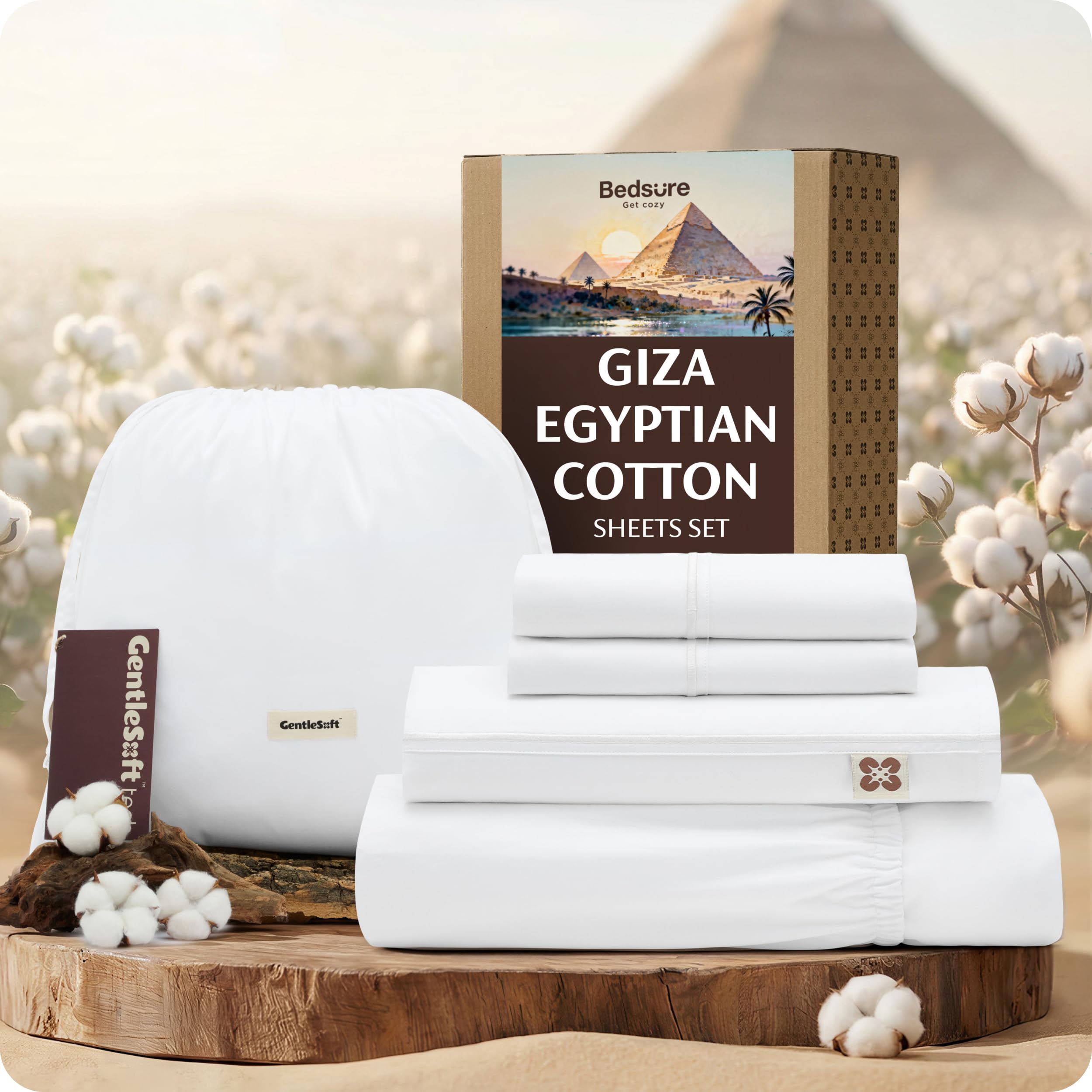 Bedsure 100% Giza Egyptian Cotton Sheets King Size - CEA Certified Silky Luxury Hotel Sheets 18 Inches Deep Pocket with Corner Straps, PureWoven Soft & Beathable Sateen Weave Bedsheets (White, King) - 2