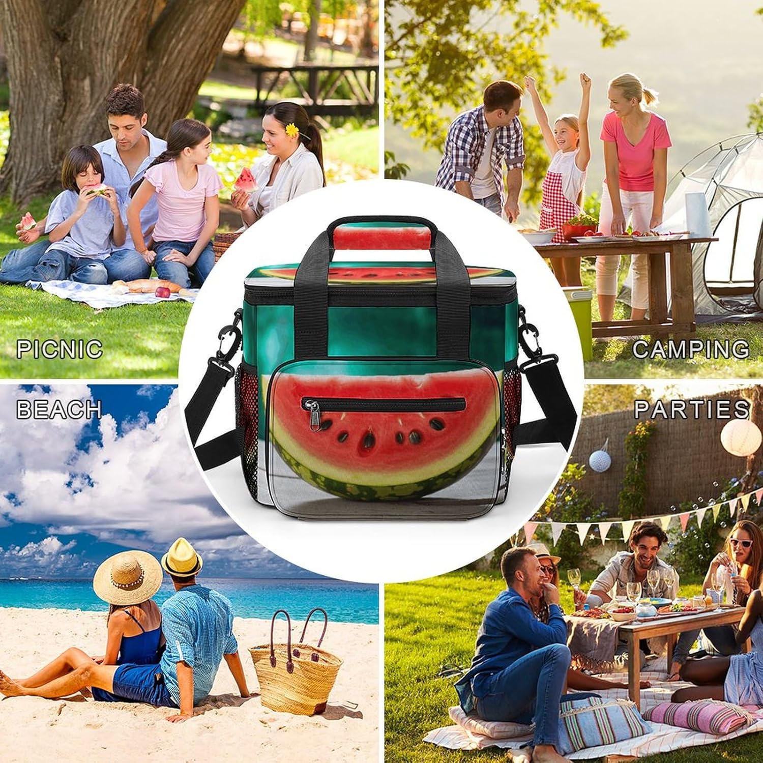 Camping Ice Pack, Watermelon with Smiley Print Cooler Bag, 22.5L Large Capacity Insulated Lunch Tote Bag for Outdoor, Picnic, BBQ, Travel, Work