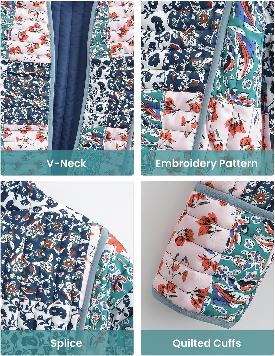 Wyeysyt Women's Cropped Puffer Quilted Jacket Cardigan Floral Printed Lightweight Long Sleeve Open Front Short Padded Coats - Image 6