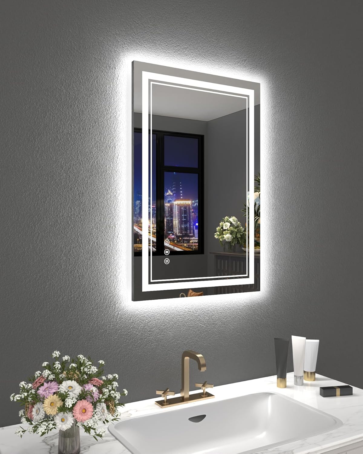 Photo 1 of  24x36 Inch Bathroom Mirror with Lights, LED Vanity Mirror for Bathroom Wall Mounted with Threefold Brightness by 2 Front Lights & 1 Backlit, Anti-Fog, Stepless Adjusted, Unbreakable Tempered Glass 
