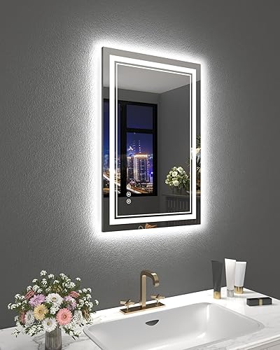 Espejo de baño de 24 x 36 pulgadas con luces, espejo de tocador LED para baño montado en la pared con triple brillo por 2 luces delanteras y 1